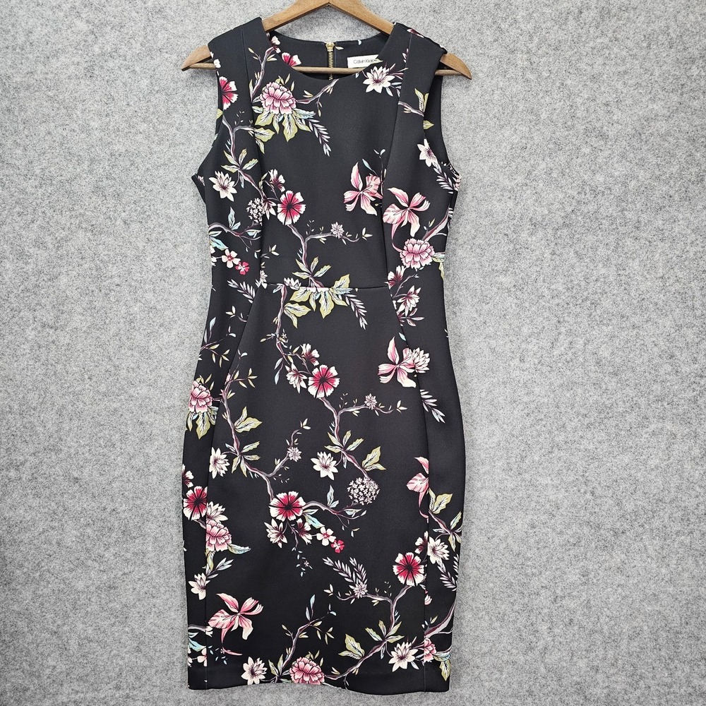 Calvin Klein Sheath Dress Womens 8 M Black Floral Scuba Stretch Cocktail Party